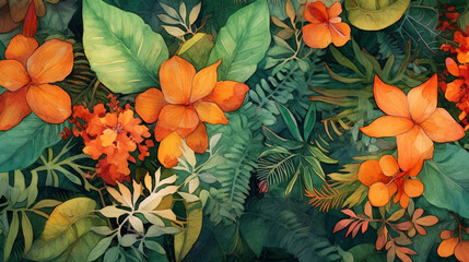 Wall Mural - Background of leaves and flowers in watercolor. IA generative.