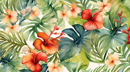 Wall Mural - Background of leaves and flowers in watercolor. IA generative.