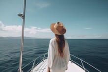 Beautiful Young Woman In A Straw Hat On A Yacht In The Sea, A Beautiful Young Lady Full Rear View Without A Face, AI Generated