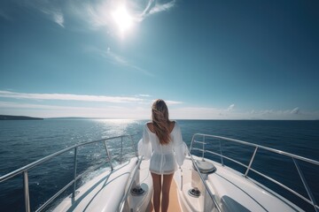 Poster - A beautiful young woman sailing on a yacht on a sunny day. A beautiful young lady full rear view without a face, AI Generated