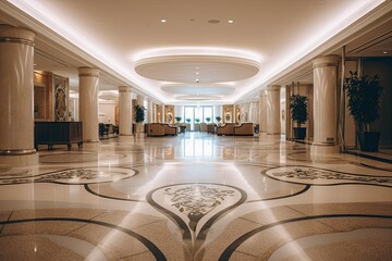 Poster - Interior of a hotel lobby with marble floor and white walls. A big and luxurious hotel lobby interior with beautiful chandeliers and a grand staircase, AI Generated