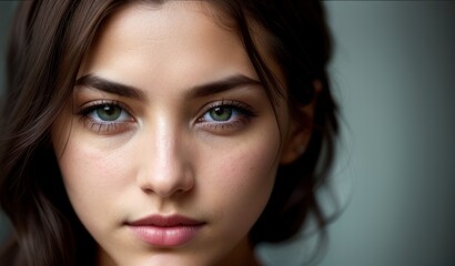 Close up view of a sexy brown-haired woman with natural make up, attractive brunette with beautiful look in brown tones looks at camera. Portrait of pretty young woman with long hair. Generative AI