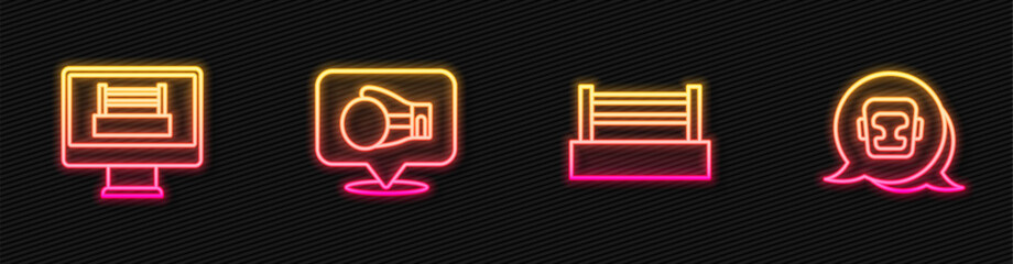 Wall Mural - Set line Boxing ring, glove and helmet. Glowing neon icon. Vector