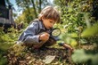A young child candidly explores a garden with a magnifying glass, displaying wonder and curiosity in nature's beauty, generative ai