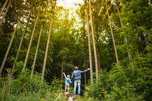 Father Son Enjoying Nature Outdoors Forest Adventure 