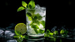 Mojito with mint and ice cubes on a black background