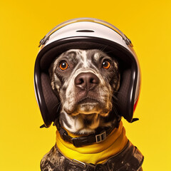 Biker dog with a helmet. Generative AI.