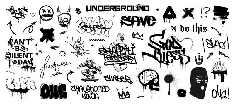Wall Mural -  - Urban culture art, graffiti, tags, lettering, gothic calligraphy. Isolated street art graphic box with spray effect, spatter and dripping paint. 3D graffiti, Hiphop urban style for streetwear. Vector