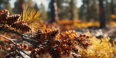 Wall Mural - AI Generated. AI Generative. Close macro shot illustration of wild forest cone grass elements. Adventure outdoor vibe. Graphic Art