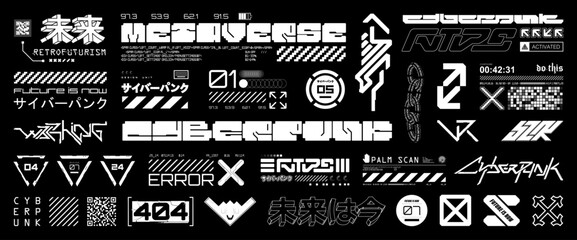 Wall Mural - Futuristic typeface. Sci-fi art lettering, graphic design elements for merch, typography, t-shirt, streetwear. Cyberpunk lettering, signs. Translation from Japanese - cyberpunk, future is now, future