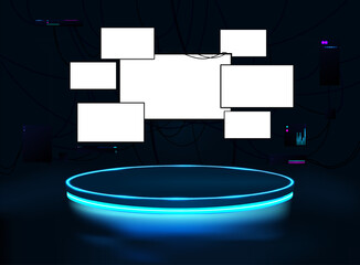 Poster - Futuristic, dark 3D cyberpunk studio with neon round platform, monitors and screens. Hacker room in a dark studio, with an empty podium, neon, glare, glow for presentation, show product. 3D platform