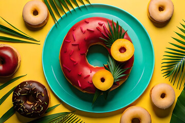 Wall Mural -  a tropical paradise-themed arrangement of donuts, with exotic fruit flavors, coconut shavings, and palm leaves, set against a sunny yellow background