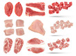 Pieces of raw meat of different varieties isolated on white background. Set of fresh meat pieces of turkey, pork and beef. A large set of meat to insert into a design or project.