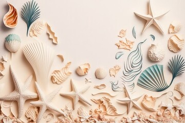 Wall Mural - Long shadowed seashells and starfish on a beige backdrop. summertime idea. pastel nautical colors. Layout of the aesthetic trend: marine stars, shells compositional flair, copy space. Generative AI