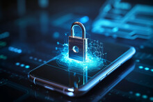 Internet Security Data Privacy Cell Phone Illustration With High-tech Padlock In HD 3D And Electronic Online Information Symbols/graphics.