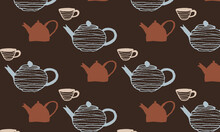 Vector Pattern Of Colorful Teapots And Cups. Tea, Coffee, Hot Drinks. Wallpaper, Wrapping Paper, Fabric, Design, Decoration. Beige, Blue On A Brown Background. Graphics, Hand Drawing, Doodle. Eps10