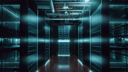 Poster - Big cloud data center, computer networking server room warehouse. Information technology concept. Generative AI