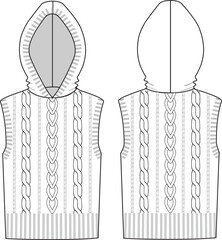 Sticker - Women's Cable Hooded Vest- Technical fashion illustration. Front and back, white colour. Women's CAD mock-up.