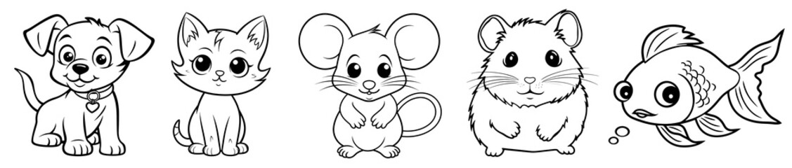 Wall Mural - Pet animals - cute Dog puppy, Cat kitten, Mouse, Hamster and Fish, simple thick lines kids or children cartoon coloring book pages. Clean drawing can be vectorized to illustration. Generative AI