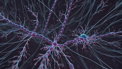 Aufkleber - Nerve cell biology background, neuron of brain with synapses stroke disease, red and blue light. Generation AI