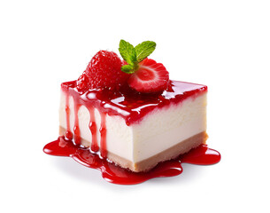 Cheesecake stuffed with strawberries on a white background.