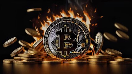 Aufkleber - Bitcoin BTC burning in flames. Generative AI