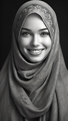 Poster - A black and white photo of a woman wearing a headscarf. Generative AI.