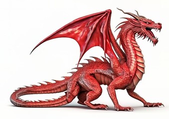 Wall Mural - A red dragon standing isolated on a white background with wings spread. Generative AI artwork.