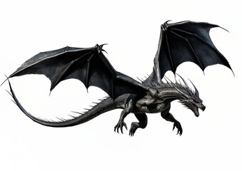 Wall Mural - Black dragon flying with wings spread on a white isolated background.