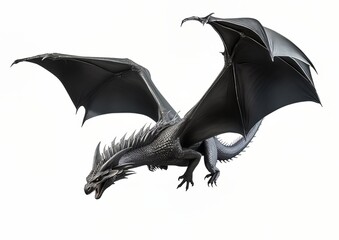 Wall Mural - Black dragon flying with wings spread on a white isolated background.