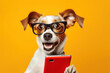 Surprised shocked dog in glasses holding digital tablet, over orange background, studio portrait. AI generative