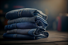 Folded Blue Jeans Trousers Stacked. Stacked Fashion Jeans Closeup. High Quality Illustration