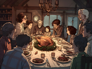 a comic illustration from a family on thanksgiving