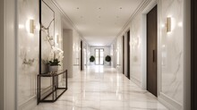 Luxury, Modern Hotel Or Apartment Corridor With White Marble Carrara Tiled Walls And Floor. White And Shiny. Created With Generative AI