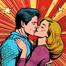 Vector Illustration Of A Kissing Couple In A Pop Art/comic Style.,  Created Using Generative AI Tools.