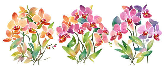 Wall Mural - Greeting card frame border with watercolor flowers orchids and leaves. Tropical design for wedding stationary, background, postcard etc. Hand painting. Generative AI.