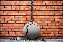 Wrecking Ball On Chain Couldn't Shatter A Brick Wall But Collapsed By Itself Into Pieces. Concept Of Miscalculated Forces