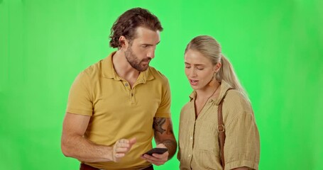 Poster - Couple, lost and phone on green screen studio for direction or navigation on mockup background. Smartphone, location and people online for internet, search and app for map while traveling