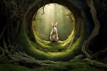 Rabbit In Old Cave Hole In The Forest - Generative AI