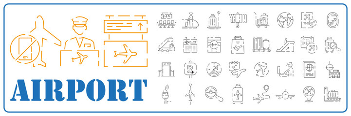 Wall Mural - Airport Line Icons and Symbols icon Set, Plane, Transportation, Sign, Object. Summer travel flight tourist