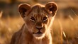 Close up portrait young lion or baby lion, stare or looking at the camera at the savannah desert background. Generative AI technology.