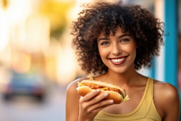 Beautiful young woman having a hotdog. Generative AI