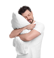 Canvas Print - Tired man with pillow on white background. Insomnia problem