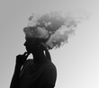 Thoughtful woman with mist and clouds in head symbolizing amnesia on grey background