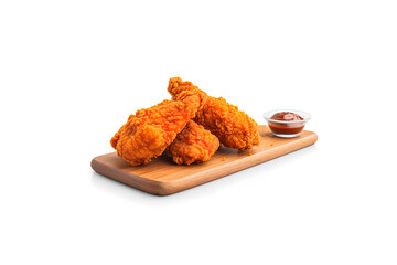 Wall Mural - Crispy delicious fried chicken with sauce on a rectangle wooden board isolated on white background. Created with Generative AI Technology