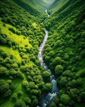 Illustration Of A River Runs Through A Valley With Mountains In The Background. A Steep Slope Of Mountains Covered With Green Vegetation Next To The Source Of A River. Generative AI