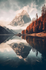  A calm lake surrounded by towering mountains. AI generative