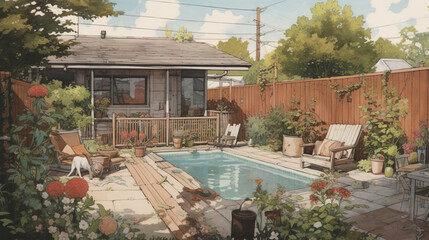 Poster - Cozy safe backyard scene illustration