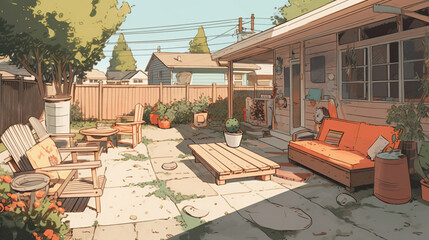 Poster - Cozy safe backyard scene illustration