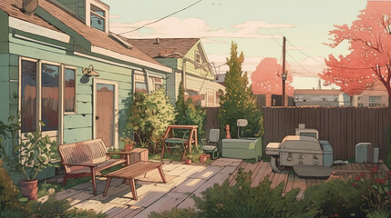 Poster - Cozy safe backyard scene illustration